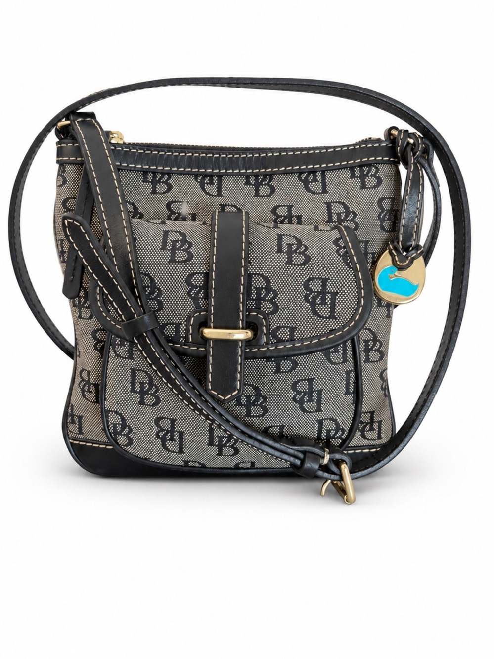 Dooney & Bourke Vintage Gray and Black Logo Crossbody with Blue Heart Charm